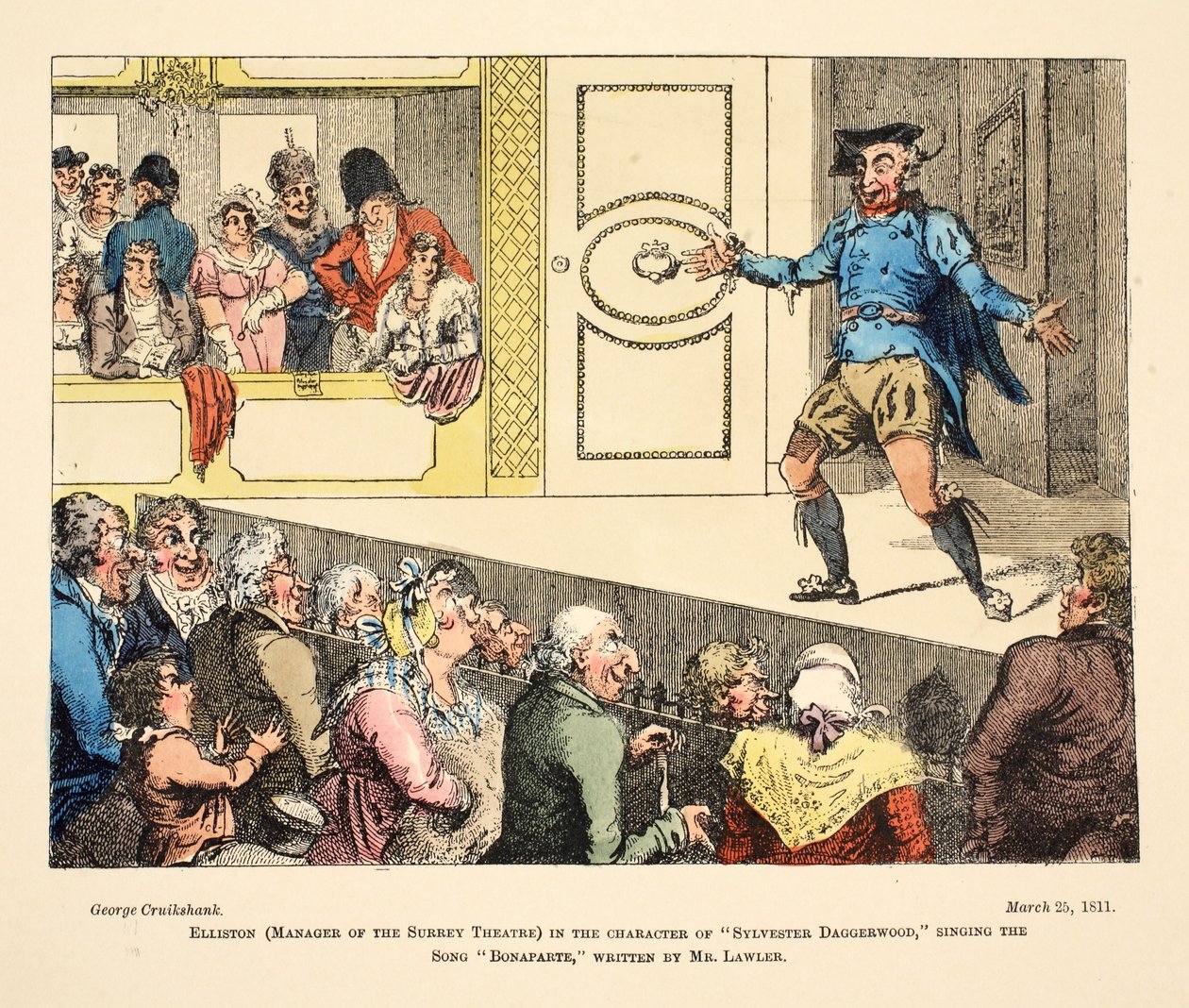 Elliston (chef för Surrey Theatre) i karaktären "Sylvester Daggerwood" som sjunger låten "Bonaparte", skriven av Mr Lawler, pub. 1811 (handfärgad gravyr) av George Cruikshank