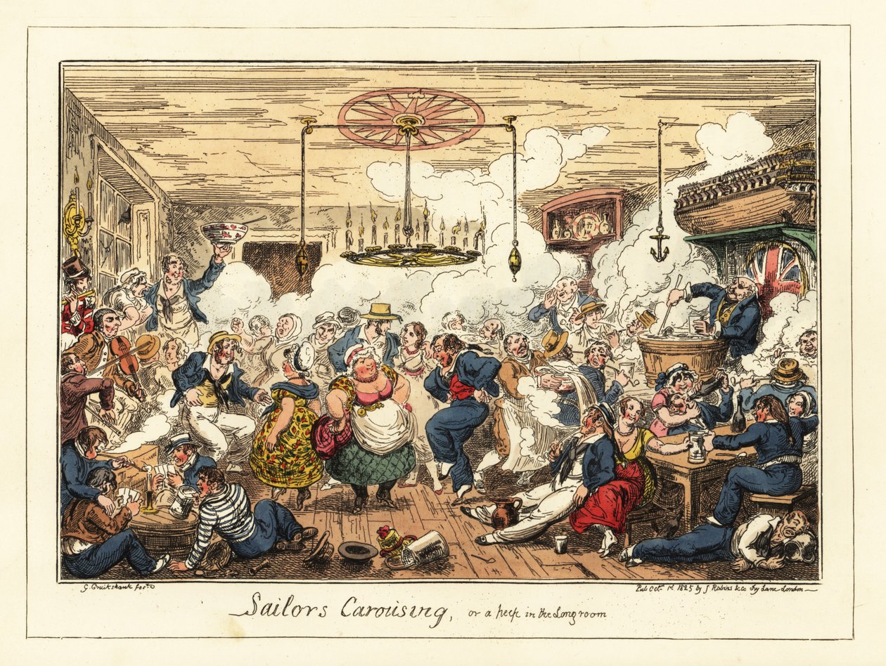Engelska sjömän som dricker och dansar på en pub, Napoleontiden, 1829 (litografi) av George Cruikshank