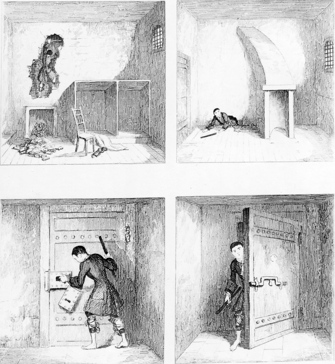 Escape No. 1, från "Jack Sheppard" av W. H. Ainsworth, publicerad 1839. av George Cruikshank