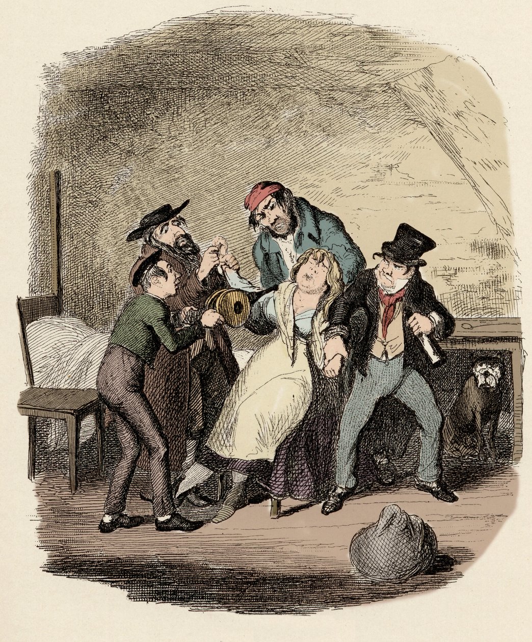 Fagin, Charley Bates, Kikes och Dawkins återupplivar Nancy - Mr Fagin och hans elev återupplivar Nancy - Illustration för "" Oliver Twist"" (Oliver) (The Adventures of Oliver Twist) av Charles Dickens (1812-1870), av George Cruikshank ( 1792-1878). av George Cruikshank