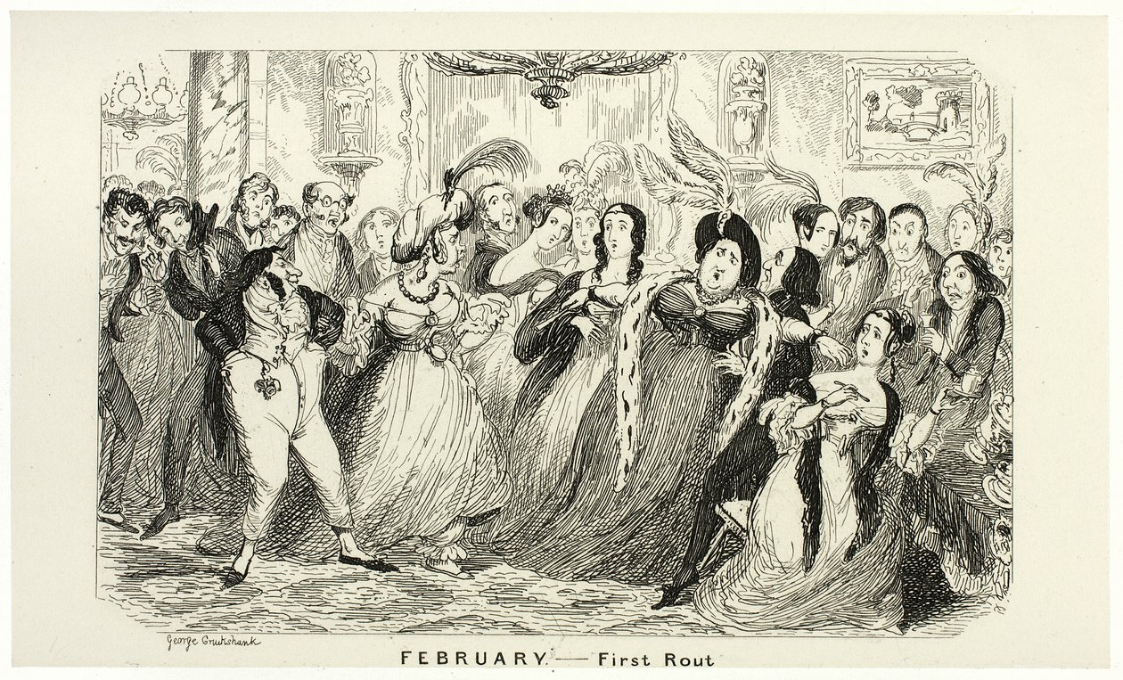 Februari - Första rutan från George Cruikshanks ståletsningar till The Comic Almanacks: 1835-1853 av George Cruikshank