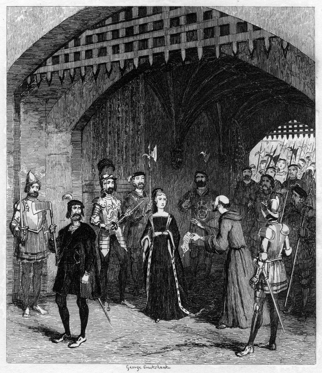 Feckenham erbjöd Lady Jane Gray en benådning på väg till rättegången, 1553 1840 av George Cruikshank