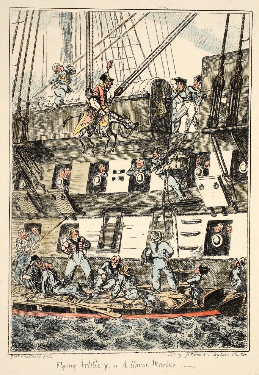 Flying Artillery or A Horse Marine, from Greenwich Hospital, a Series of Naval Sketches, Descriptive of a Life of a Man-of-Wars Man, pub. 1826 (handkolorerat gravyr) av George Cruikshank