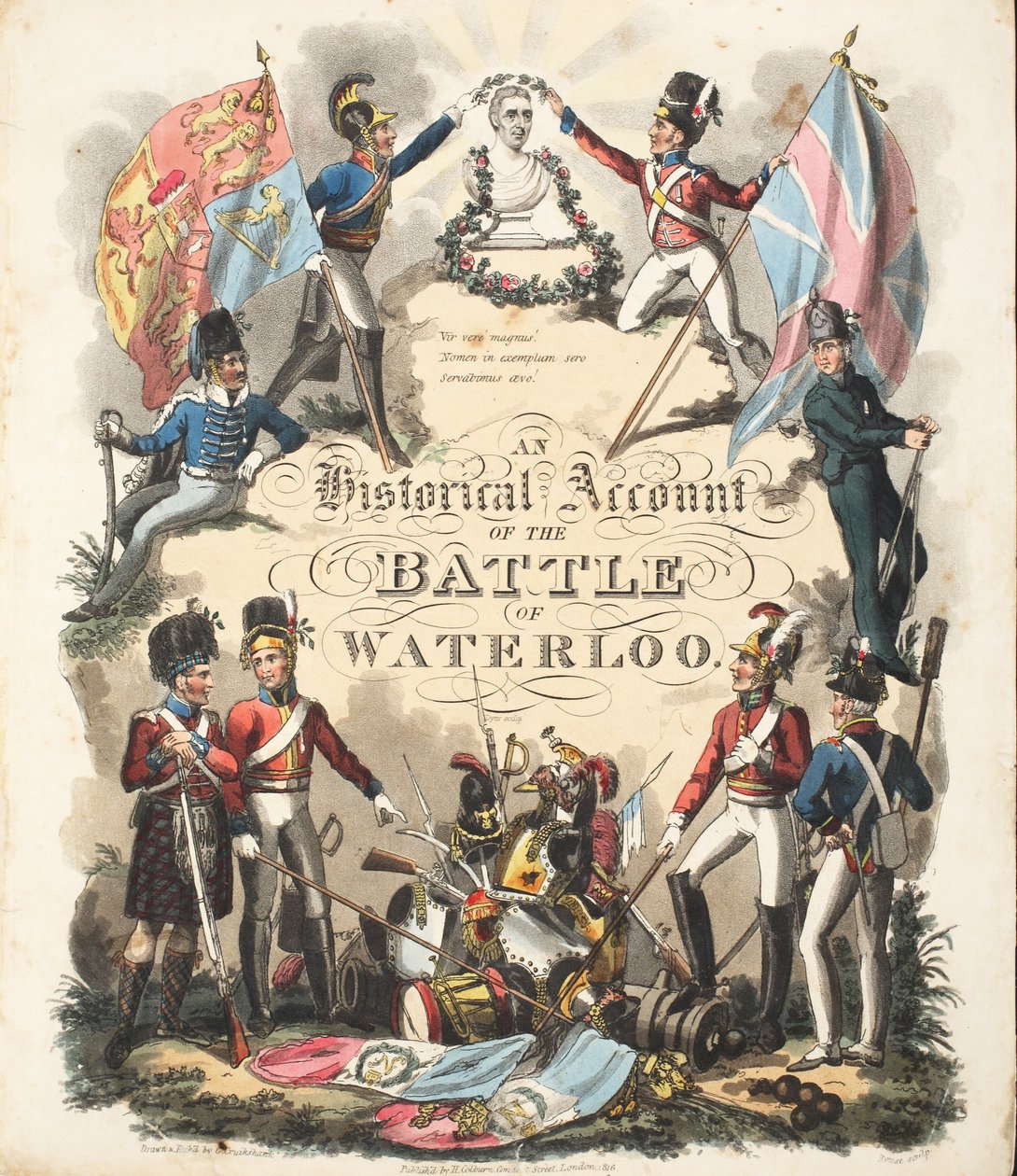 Frontispice, "En historisk redogörelse för slaget vid Waterloo" av William Mudford, graverad av Rouse, pub. H. Colburn, 1816 av George Cruikshank