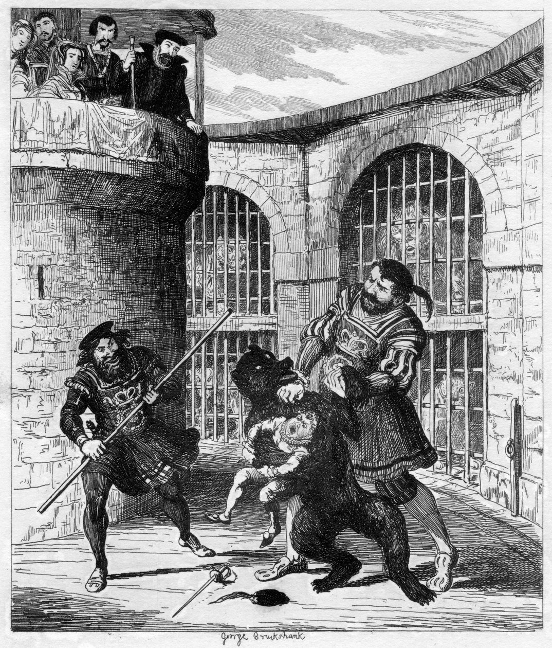 Gog frigör Xit från björnen i Lions Tower, 1840 av George Cruikshank