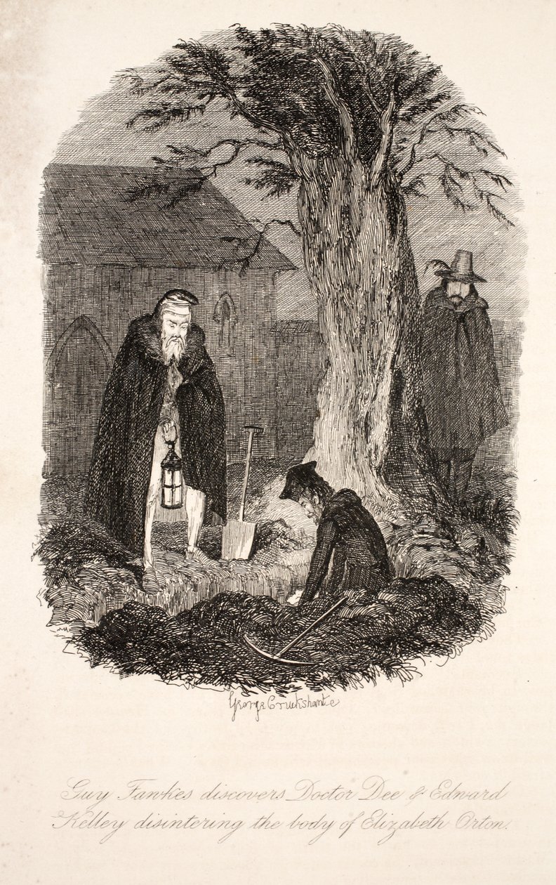 Guy Fawkes upptäcker att Doctor Dee & Edward Kelley sönderfaller Elizabeth Ortons kropp, illustration från Guy Fawkes, eller Gunpowder Treason: an Historical Romance, av William Harrison Ainsworth, pu av George Cruikshank