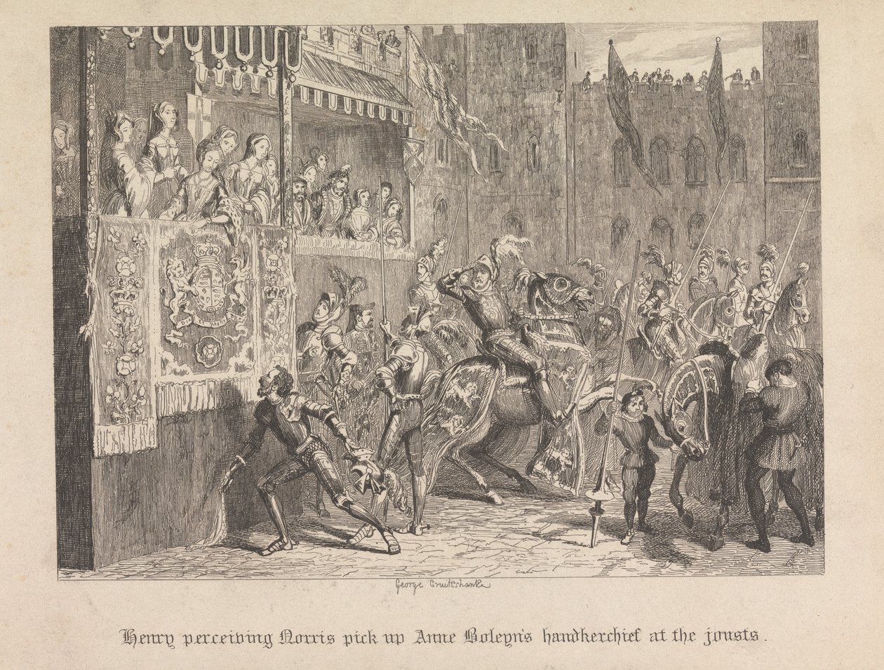Henry uppfattar Norris plocka upp Anne Boleyns näsduk vid tornerspelen av George Cruikshank
