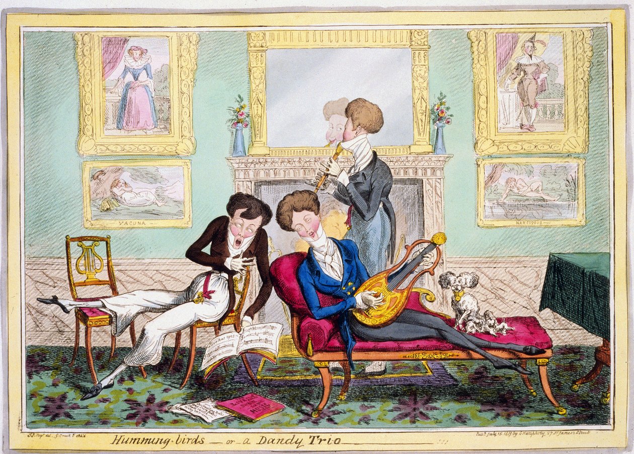 Humming-birds, eller en Dandy Trio, pub. 1819 (handkolorerad gravyr) av George Cruikshank