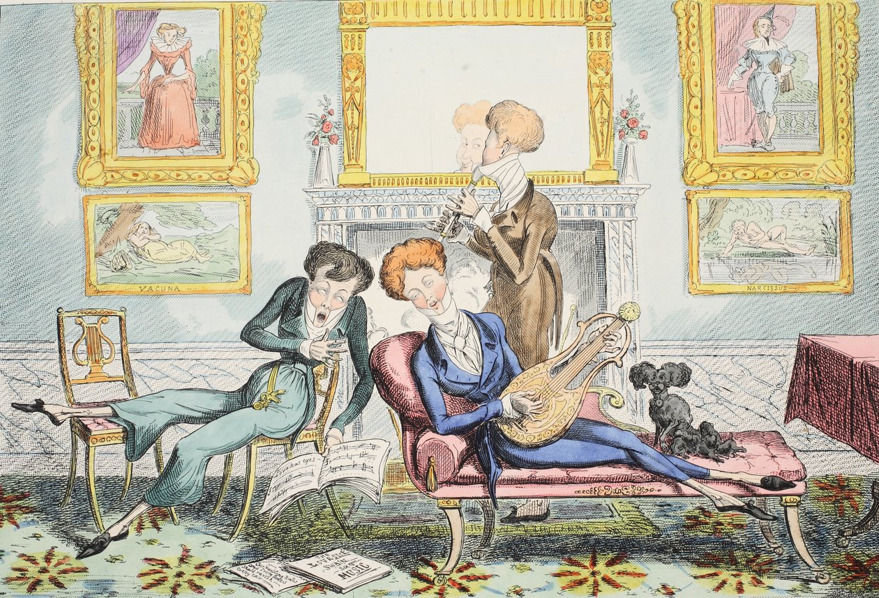 Hummingbirds eller A Dandy Trio, pub. 1835 (handfärgad gravyr) av George Cruikshank