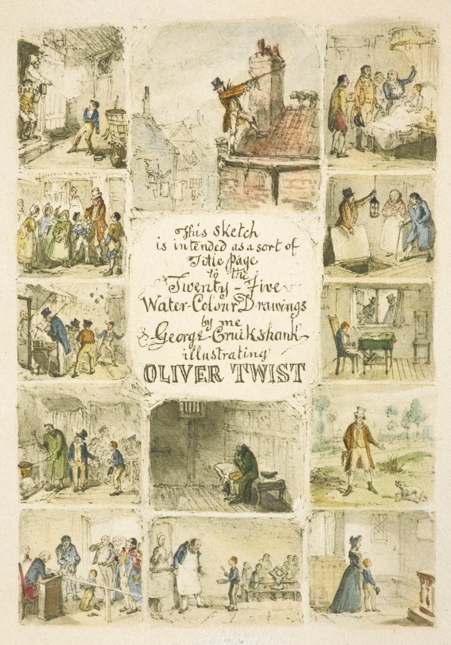 Illustration till titelsidan "Oliver Twist" av George Cruikshank