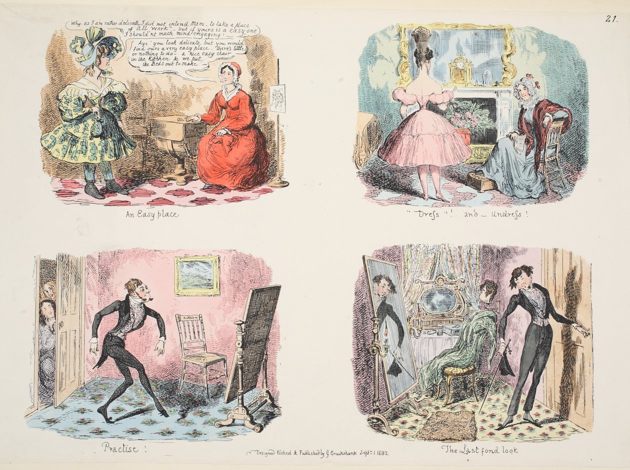 Illustration från The Whole Art of Dress eller Vägen till elegans och mode, pub. 1832 (handfärgad gravyr) av George Cruikshank