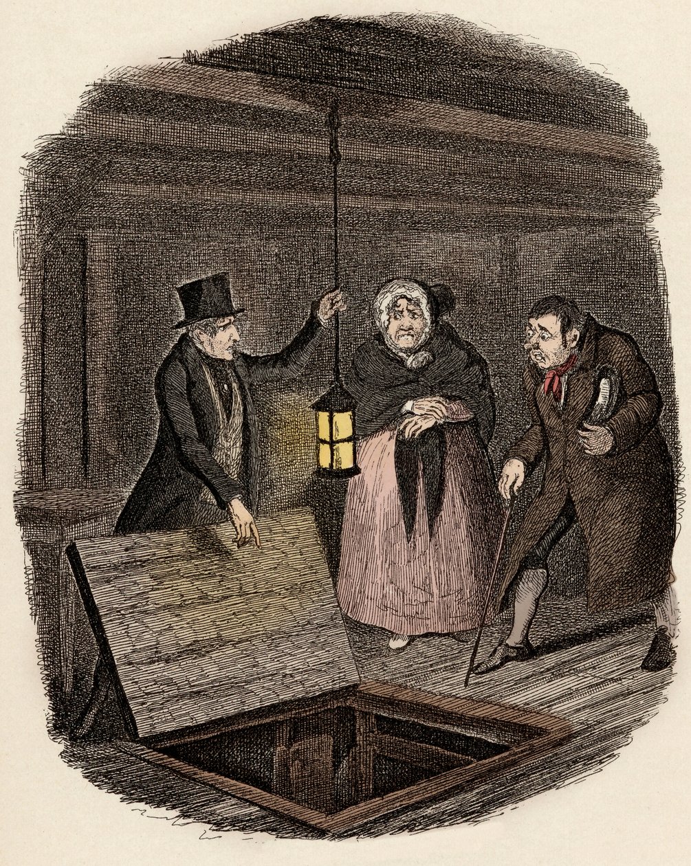 I närvaro av Monsieur Bumble och Madame Corney försvinner munkar Oliver Twists medaljong - Bevisen förstördes - Illustration till "Oliver Twist" (Oliver) (The Adventures of Oliver Twist) av Charles Dickens (1812-1870), av George Cruikshank ( av George Cruikshank