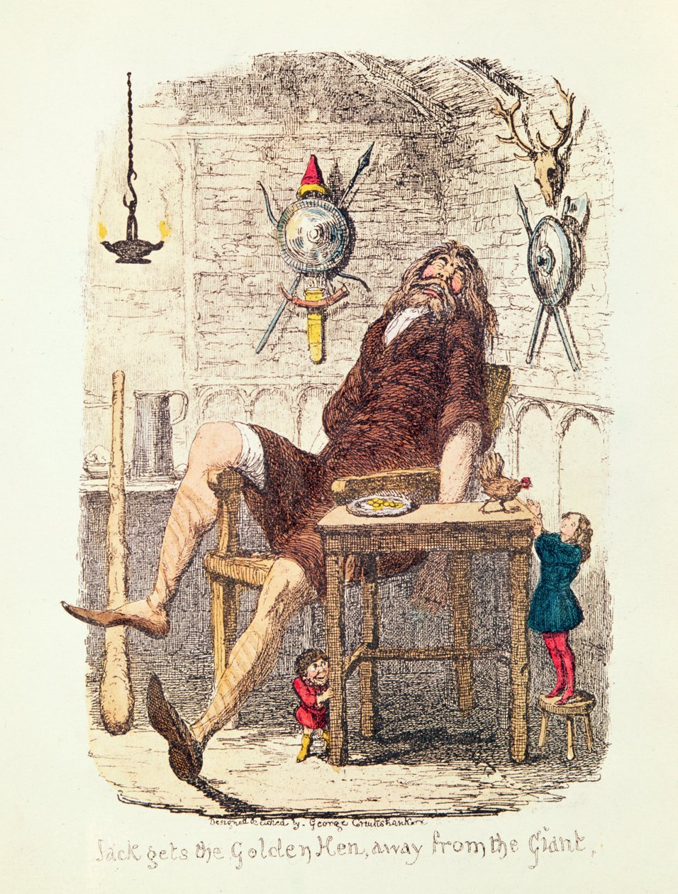 Jack får den gyllene hönan bort från jätten (färg litho) av George Cruikshank