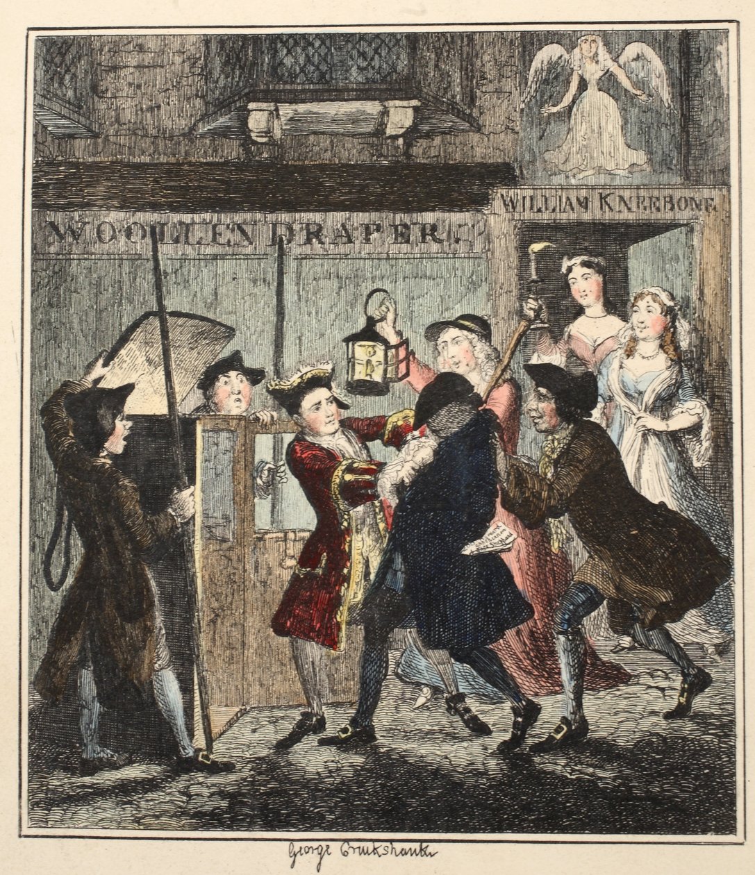 Jack Sheppard Tricking Shotbolt, illustration från Jack Sheppard: A Romance av William Harrison Ainsworth, publicerad 1839 (handfärgad etsning) av George Cruikshank