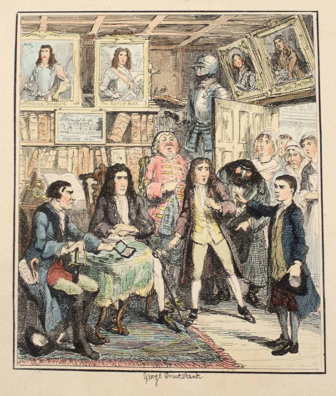 Jack Sheppard anklagar Thames Darrell för stölden, illustration från Jack Sheppard: A Romance av William Harrison Ainsworth, publicerad 1839 (handfärgad etsning) av George Cruikshank