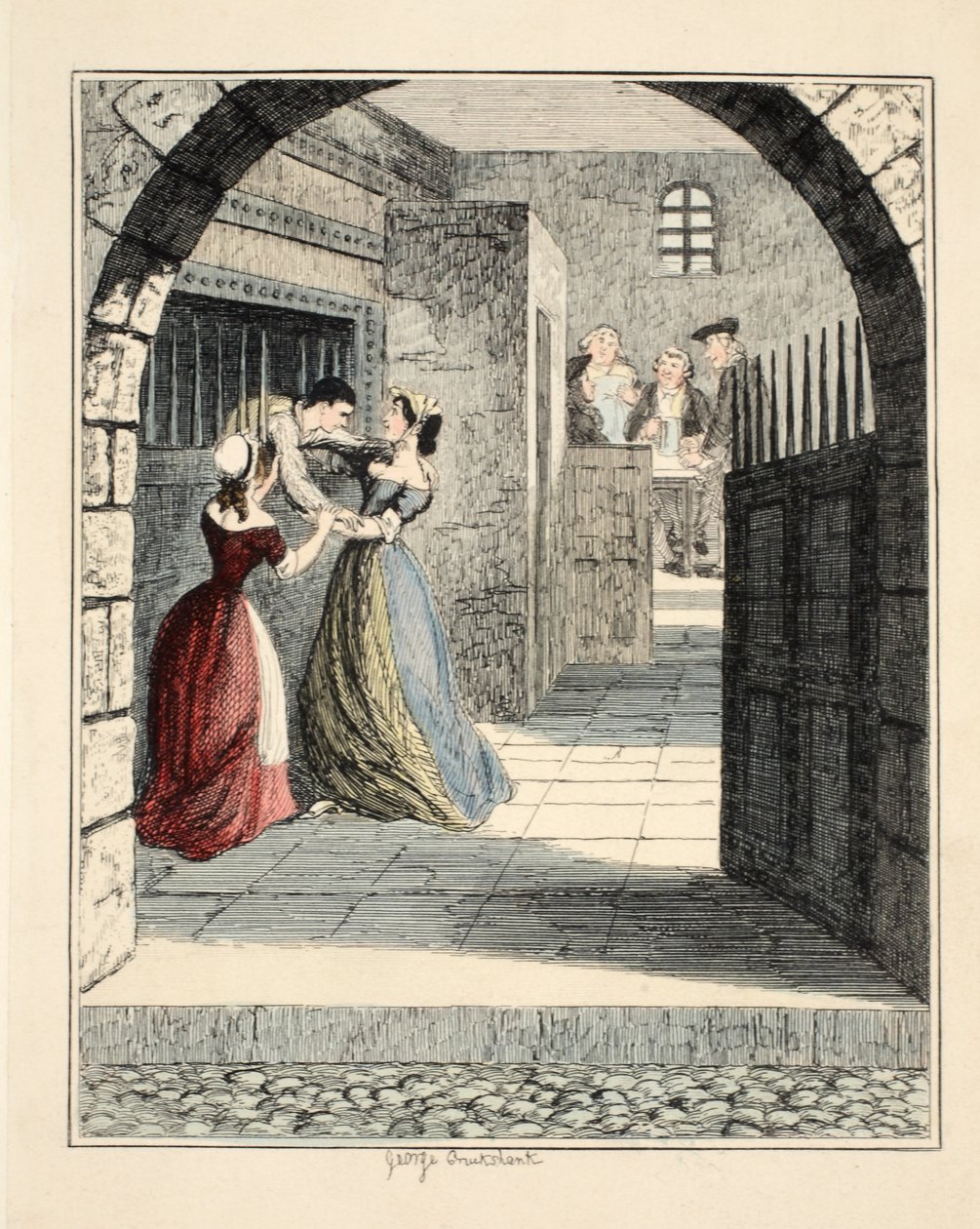 Jack Sheppard flyr från det dömda lastrummet i Newgate, illustration från Jack Sheppard: A Romance av William Harrison Ainsworth, pub. 1839 (handfärgad gravyr) av George Cruikshank
