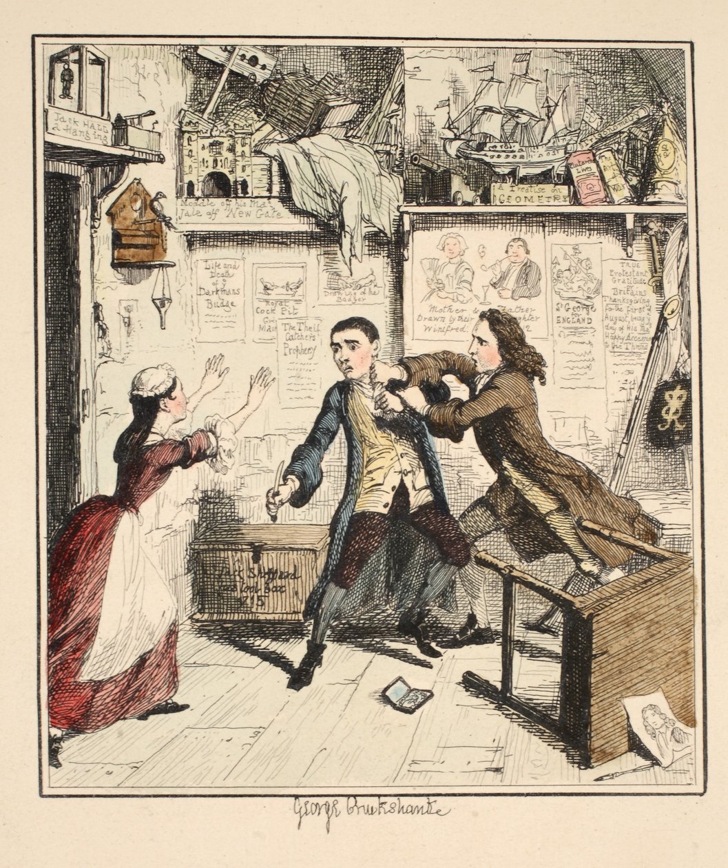 Jack Sheppard uppvisar en vindictive Character, illustration från Jack Sheppard: A Romance av William Harrison Ainsworth, publicerad 1839 (handfärgad etsning) av George Cruikshank