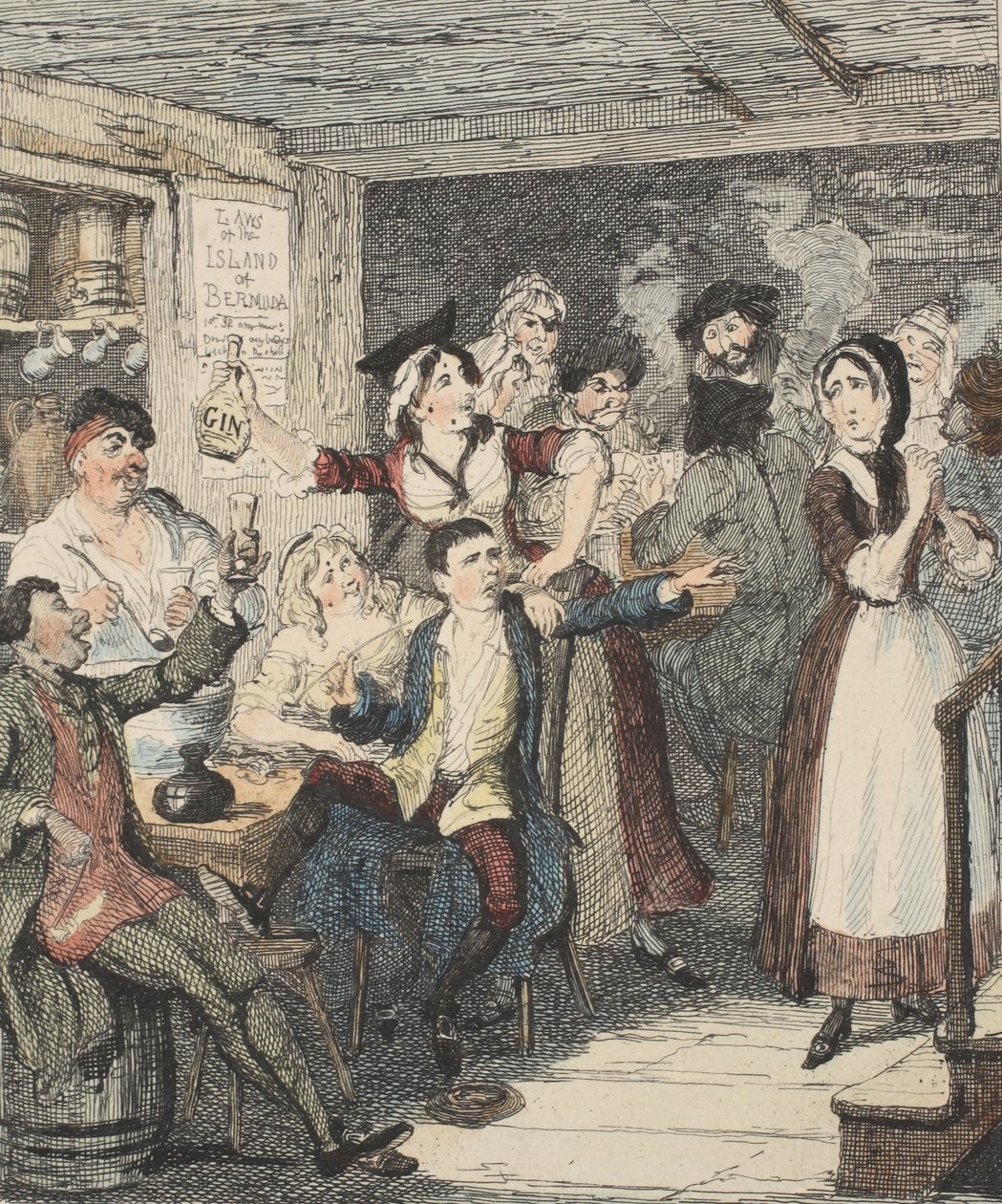Jack Sheppard blir full och beordrar bort sin mamma, illustration från Jack Sheppard: A Romance av William Harrison Ainsworth, publicerad 1839 (handfärgad etsning) av George Cruikshank