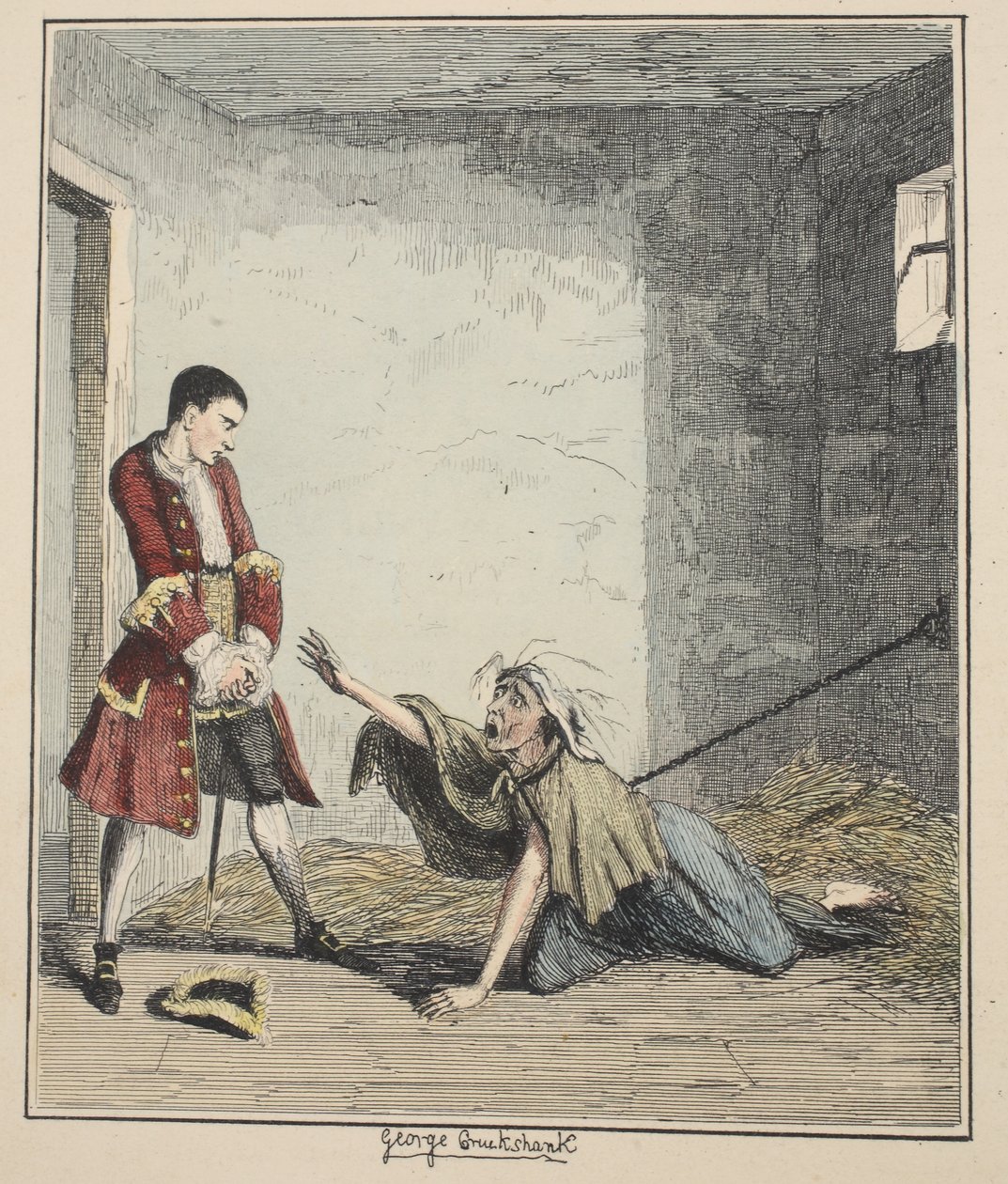 Jack Sheppard besöker sin mamma i Bedlam, illustration från Jack Sheppard: A Romance av William Harrison Ainsworth, publicerad 1839 (handfärgad etsning) av George Cruikshank