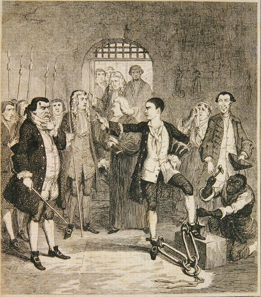 Jack Sheppards järn slog av i Stone Hall i Newgate, illustration från "Jack Sheppard: A Romance" av William Harrison Ainsworth, publicerad 1839 (etsning) av George Cruikshank