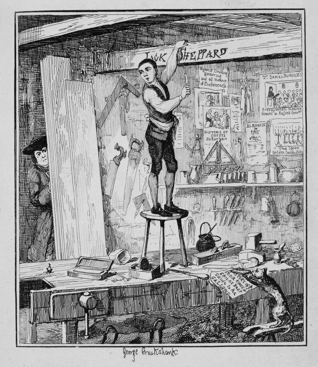 Jack ristar in sitt namn på en balk i sin tidigare arbetsgivares butik, illustration från "Jack Sheppard: A Romance" av William Harrison Ainsworth, publicerad 1839 av George Cruikshank