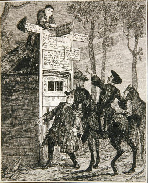 Jack flyr från buren i Willesden, illustration från "Jack Sheppard: A Romance" av William Harrison Ainsworth, publicerad 1839 (etsning) av George Cruikshank