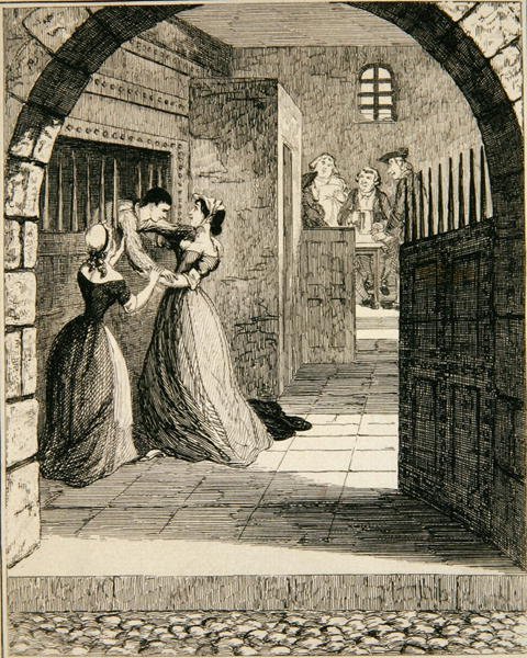 Jack flyr från den dömda cellen i Newgate Prison, illustration från "Jack Sheppard: A Romance" av William Harrison Ainsworth, publicerad 1839 (etsning) av George Cruikshank