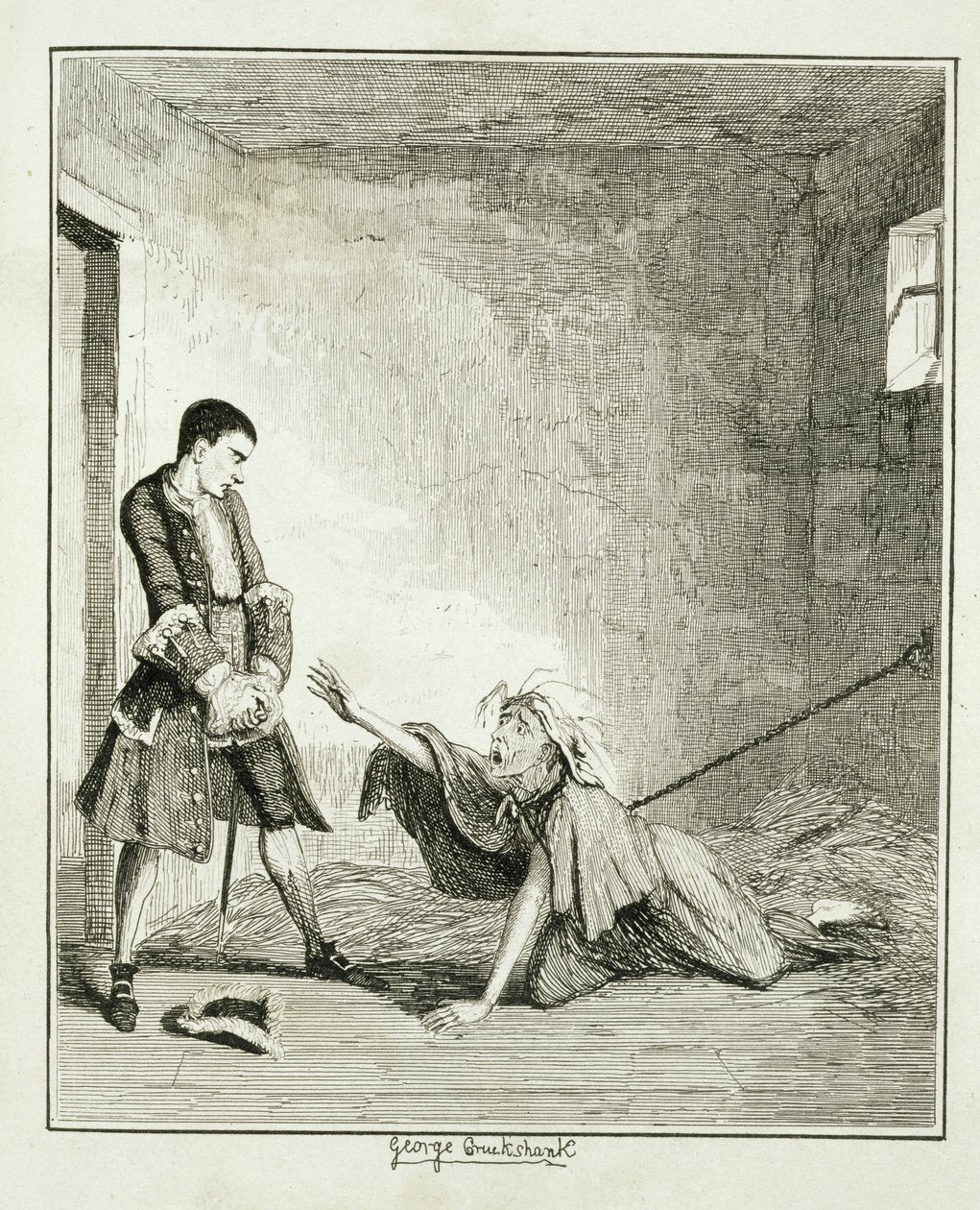 Jack besöker sin mamma på Bethlehem Hospital, London, illustration från "Jack Sheppard: A Romance" av William Harrison Ainsworth, publicerad 1839 av George Cruikshank