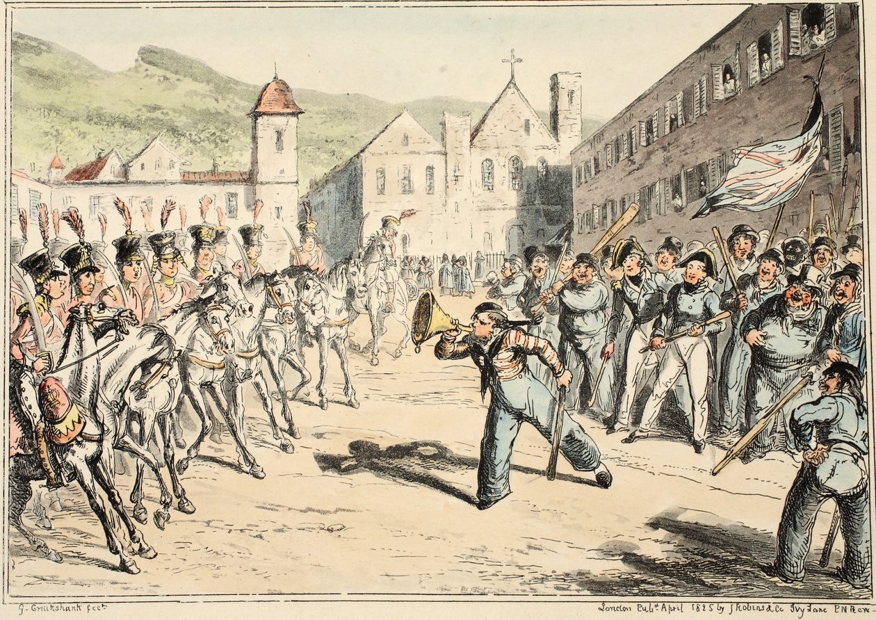 Jacks Trump of Defiance, från Greenwich Hospital, en serie sjöskisser, beskrivande av ett liv som en man-of-wars-man, pub. 1826 (handfärgad gravyr) av George Cruikshank