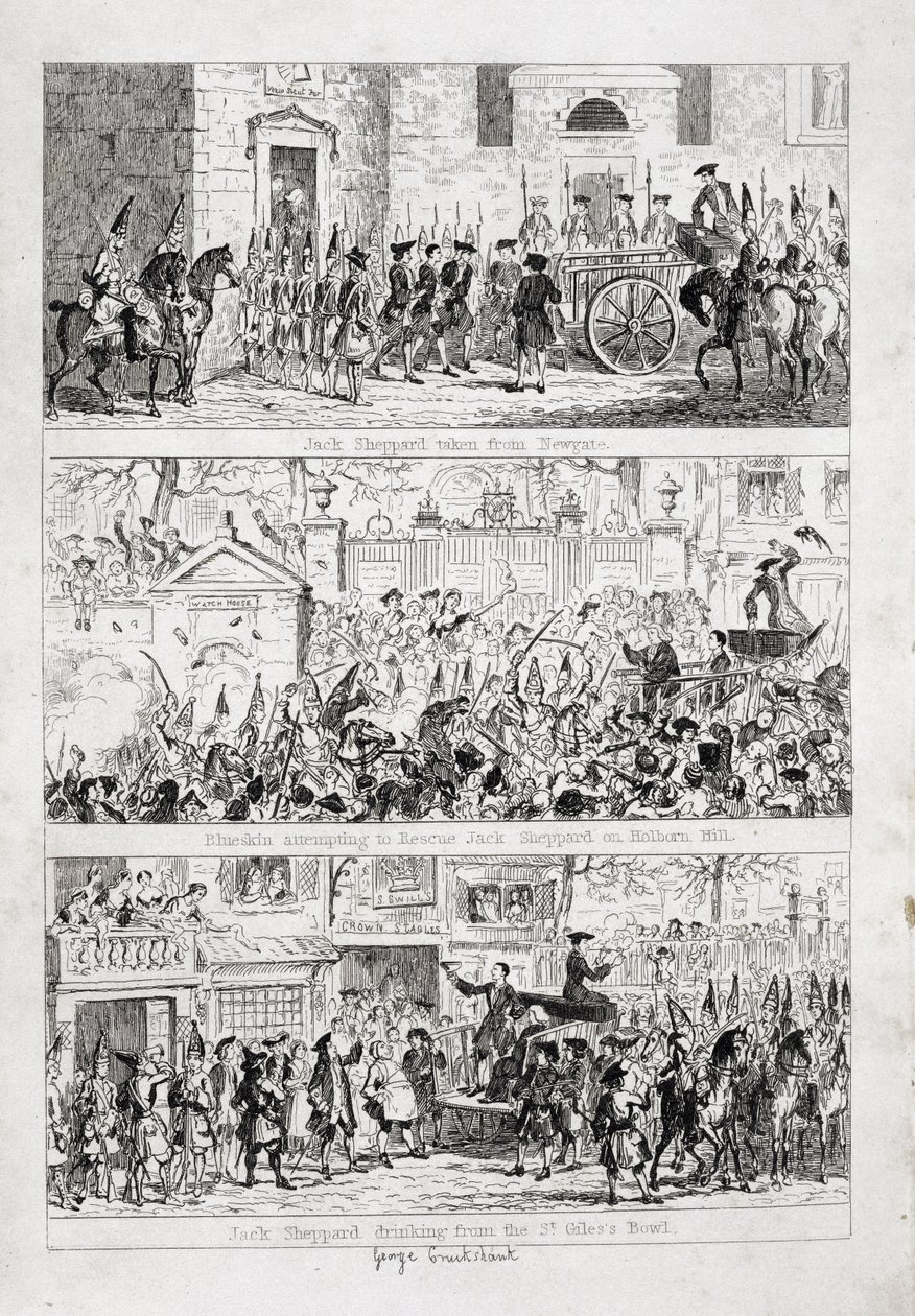 Jacks resa från Newgate till Tyburn, illustration från "Jack Sheppard: A Romance" av William Harrison Ainsworth, publicerad 1839 av George Cruikshank