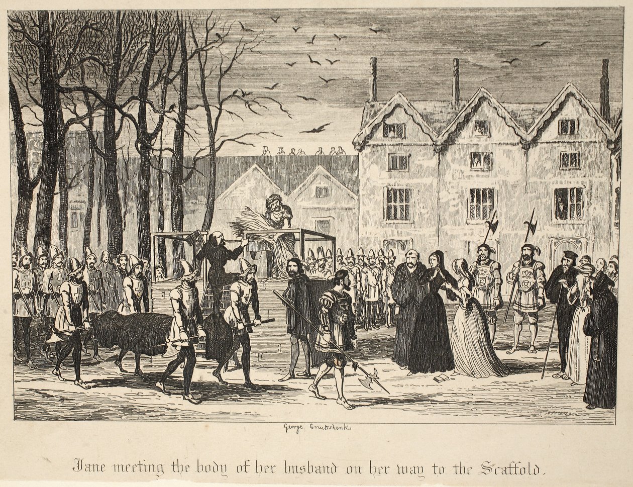 Jane möter kroppen av sin man på väg till byggnadsställningen, från puben The Tower of London. 1840 av George Cruikshank