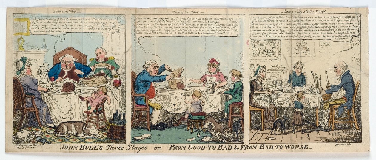 John Bulls tre stadier, eller, From Good to Bad und From Bad to Worse, 1815 (handfärgad gravyr) av George Cruikshank