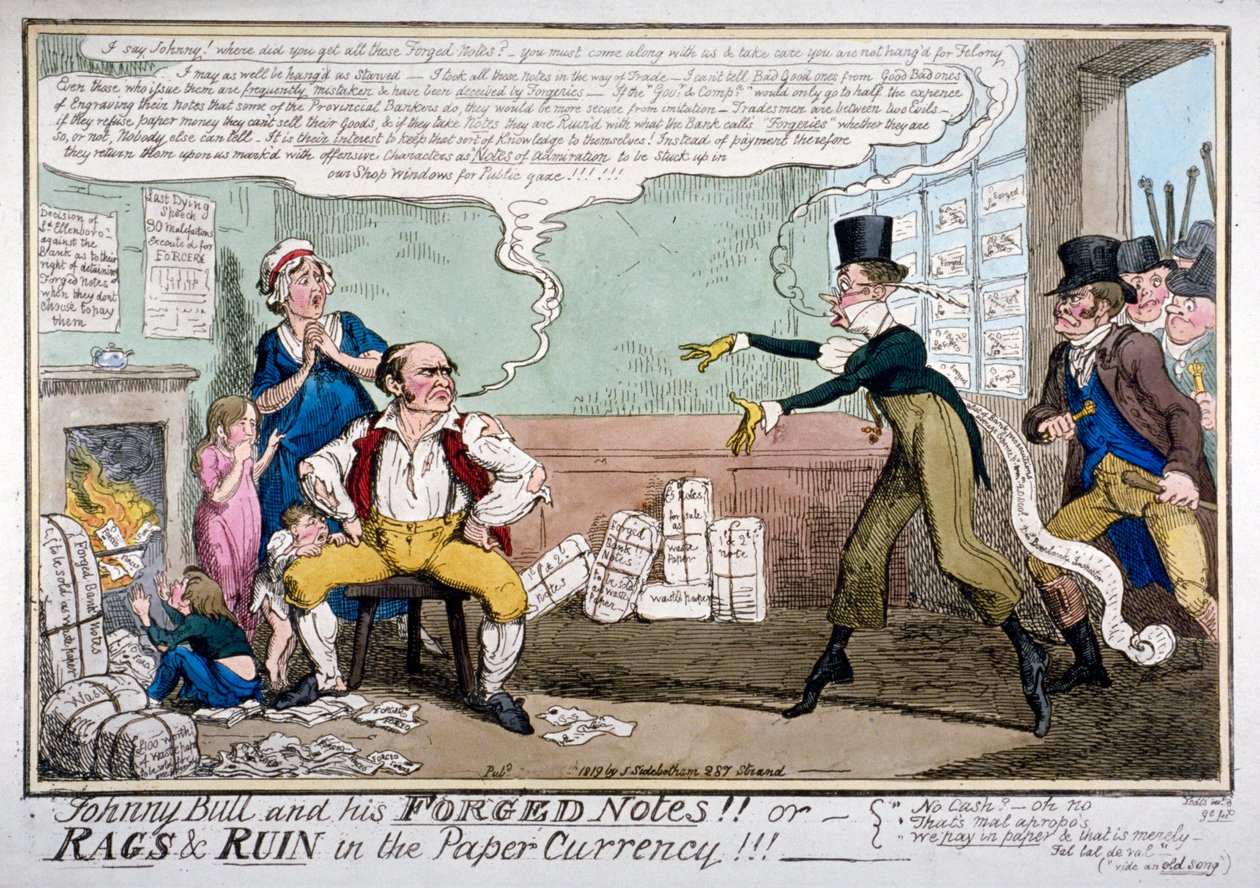 "Johnny Bull och hans förfalskade anteckningar!!!", 1819. av George Cruikshank