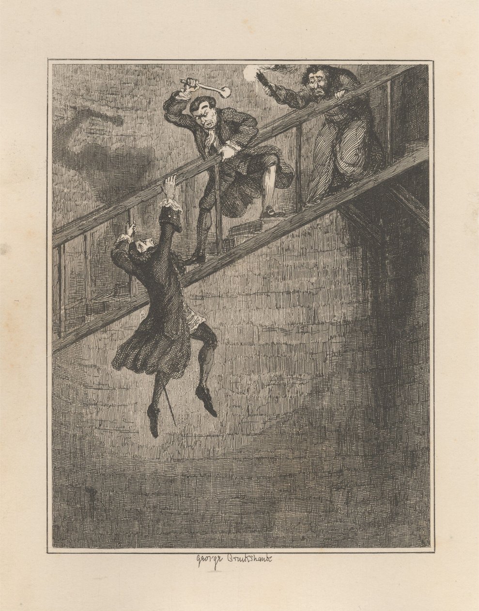Jonathan Wild kastar Sir Rowland Trenchard ner i brunnshålet av George Cruikshank