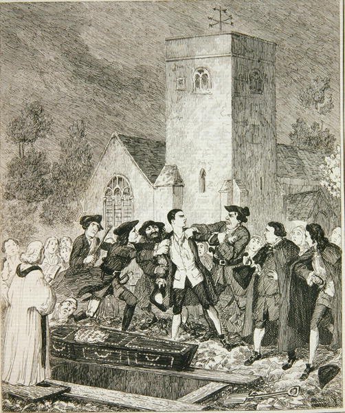 Jonathan Wild griper Jack vid sin mors begravning på Willesden Churchyard, illustration från "Jack Sheppard: A Romance" av William Harrison Ainsworth, publicerad 1839 (etsning) av George Cruikshank