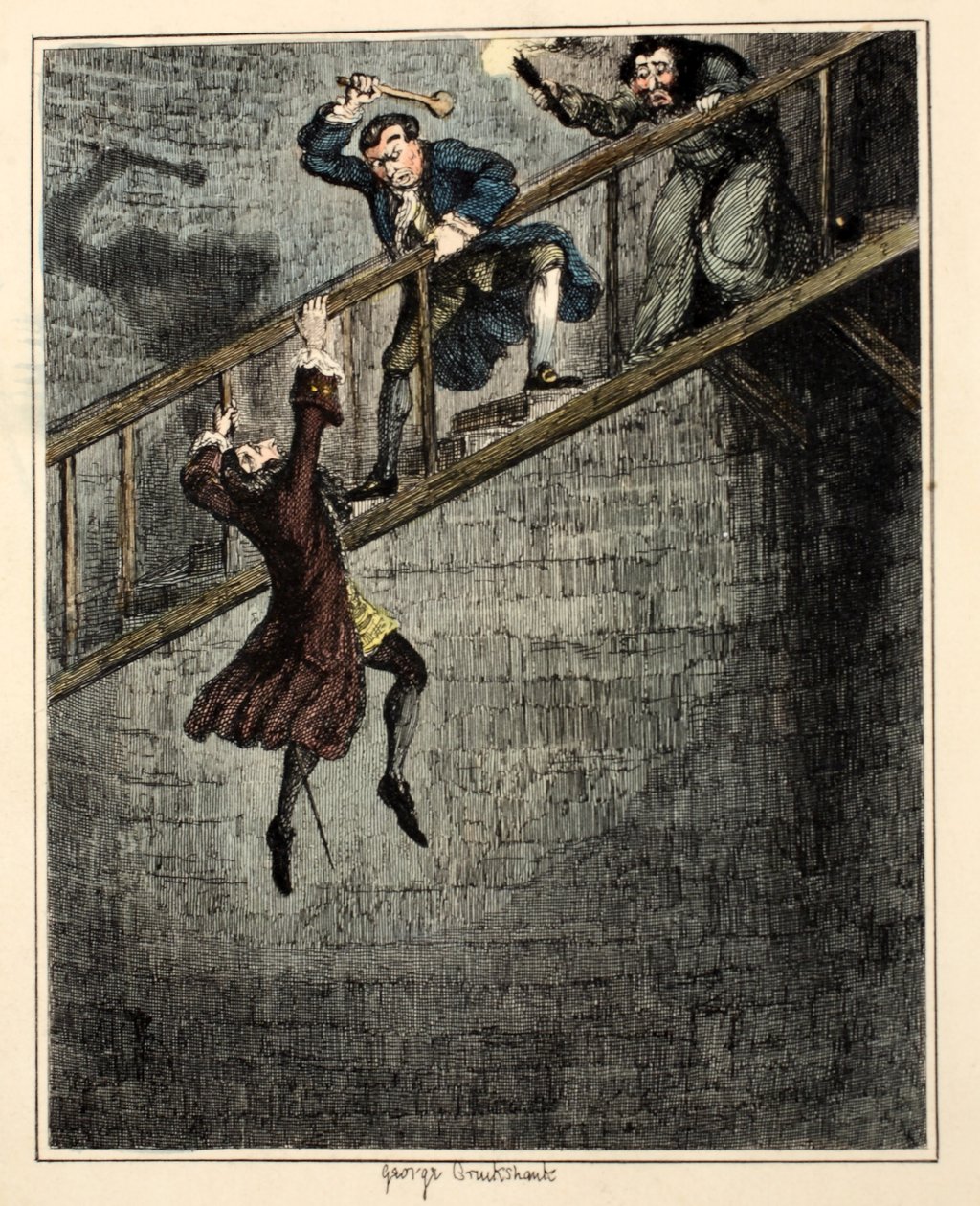 Jonathan Wild kastar Sir Rowland Trenchard ner i brunnen, illustration från "Jack Sheppard: A Romance" av William Harrison Ainsworth, pub. 1839 (handfärgad gravyr) av George Cruikshank