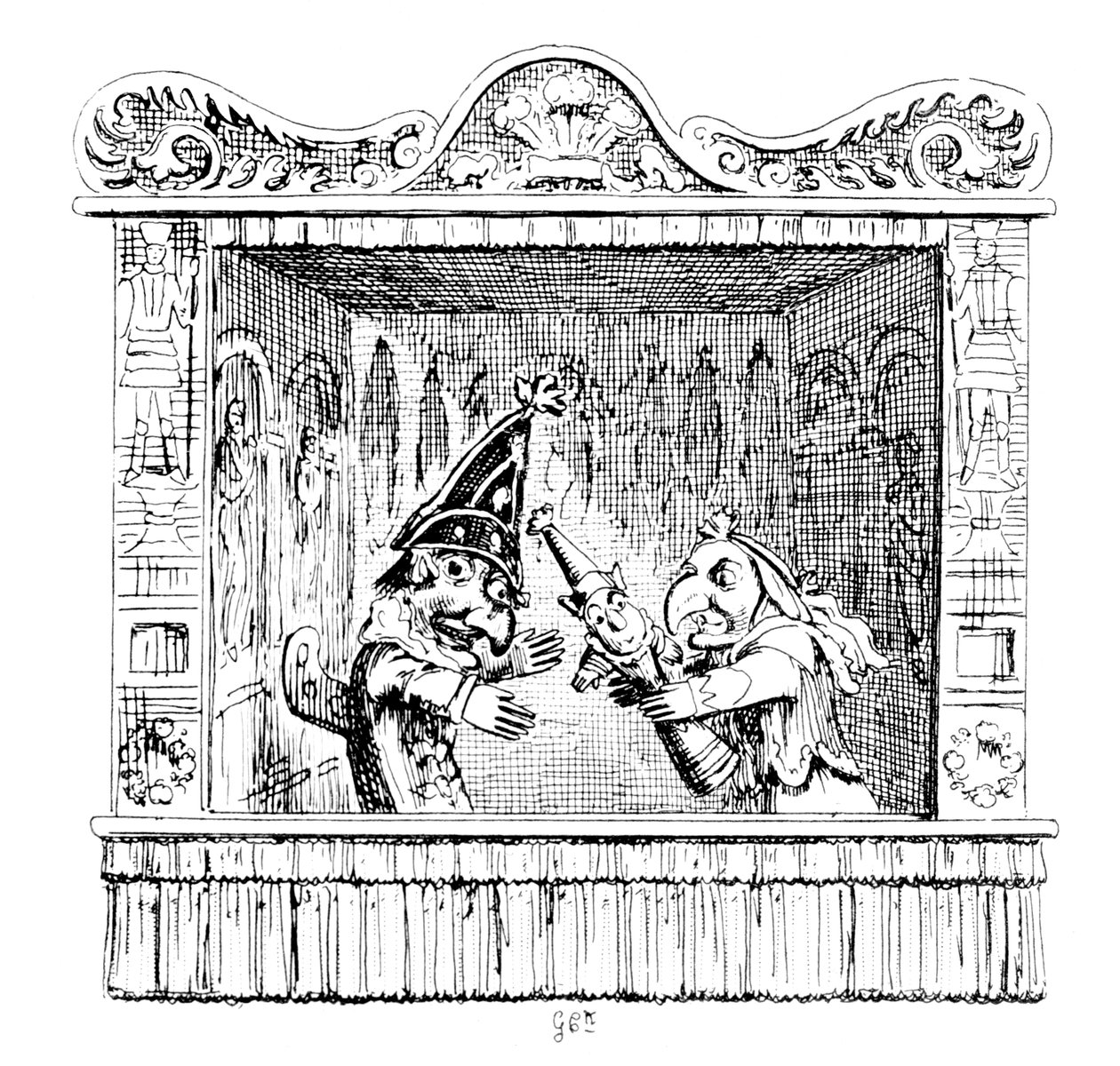 Judy uppmanar Mr Punch att ta barnet av George Cruikshank