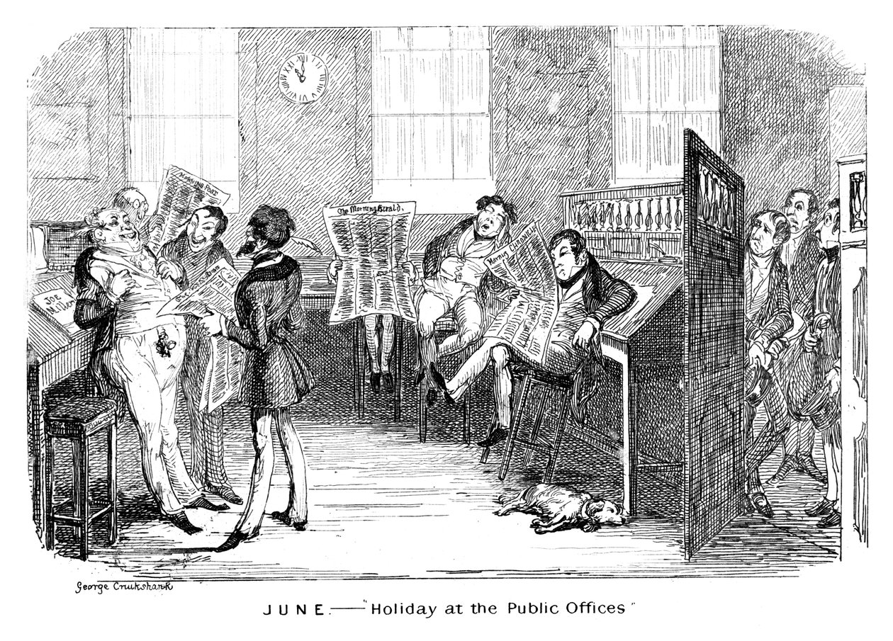 Juni - Helgdag på de offentliga kontoret, c1836. av George Cruikshank
