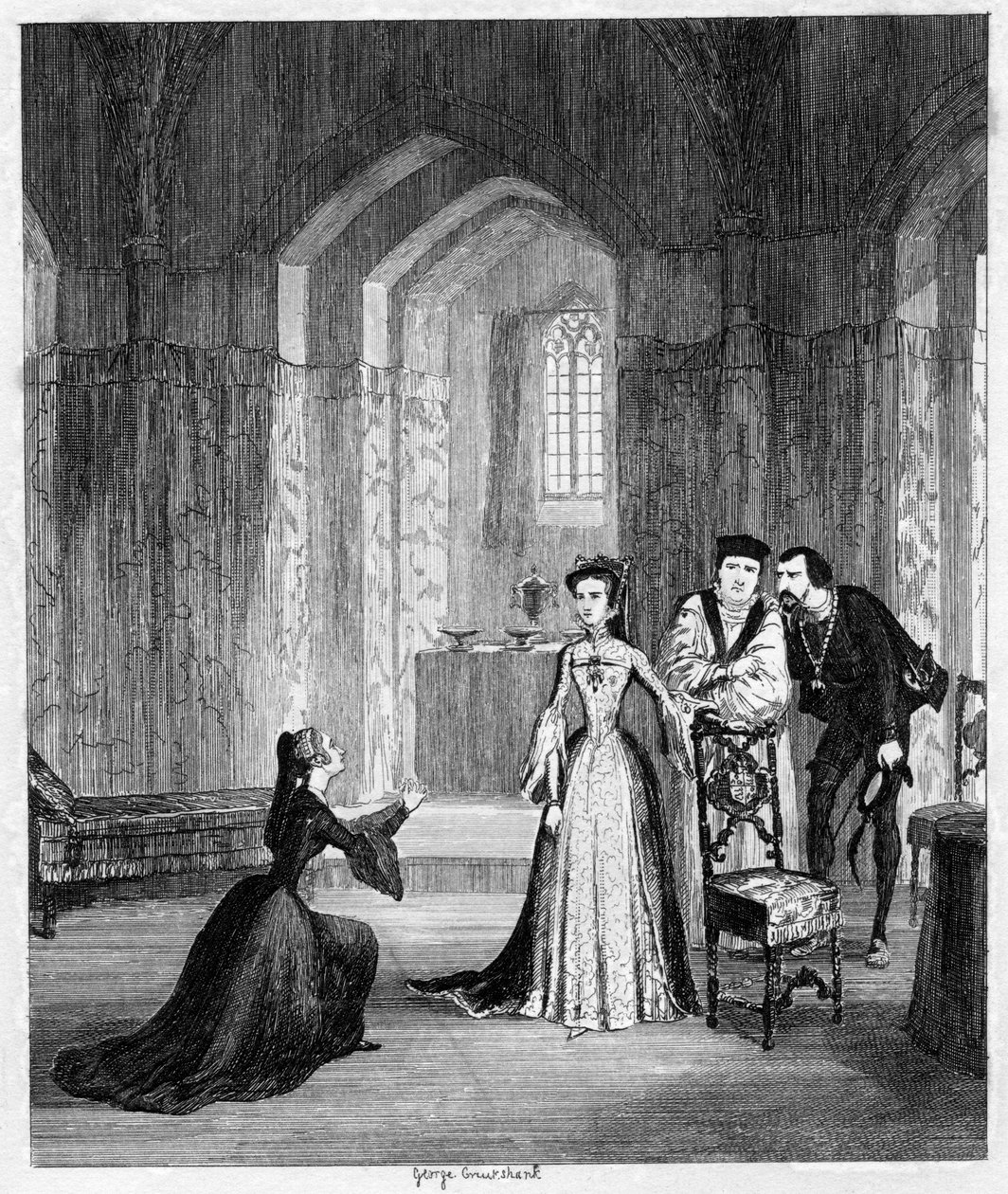 Lady Jane Gray bönfaller drottning Mary att skona sin mans liv, 1554 1840. av George Cruikshank