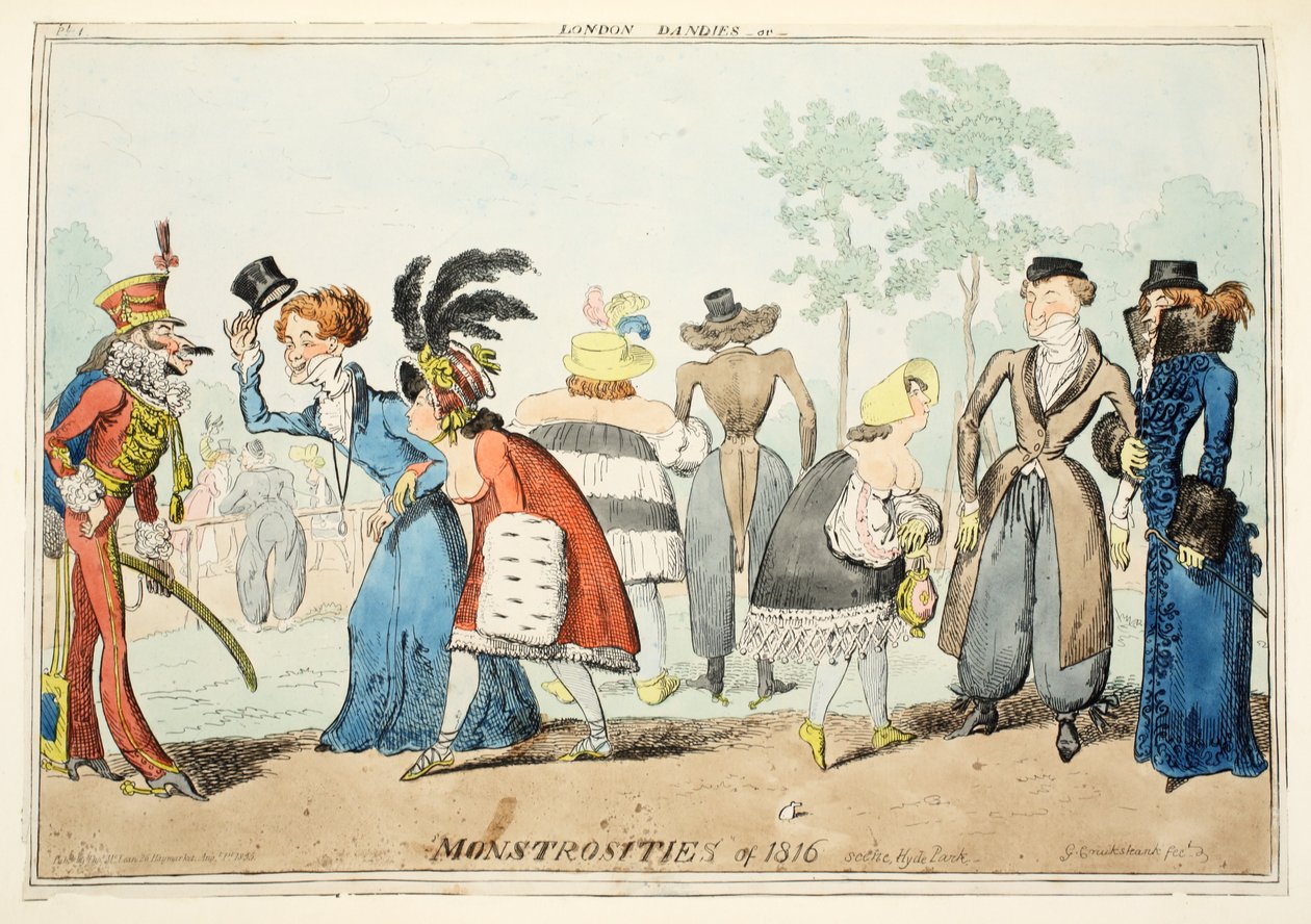 London Dandies or Monstrosities of 1815, Hyde Park, pub. 1835 (handfärgad gravyr) av George Cruikshank