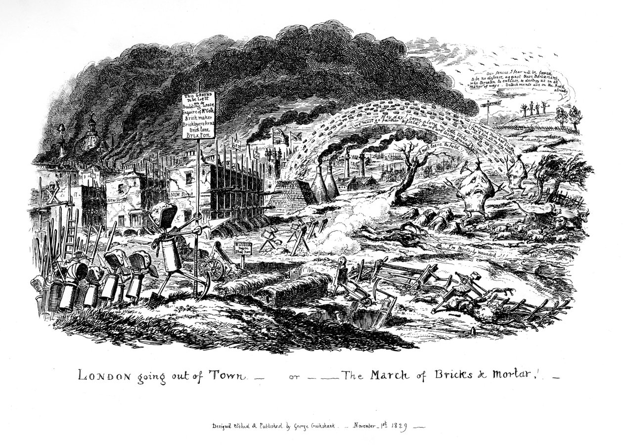 London går ut ur stan - eller The March of Bricks and Mortar, 1829 av George Cruikshank