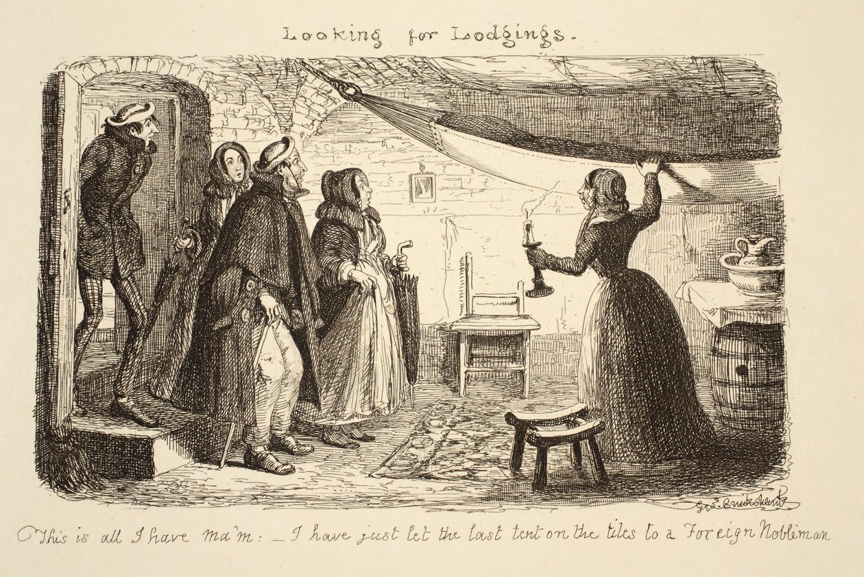 Söker boende, pub. 1851 av George Cruikshank