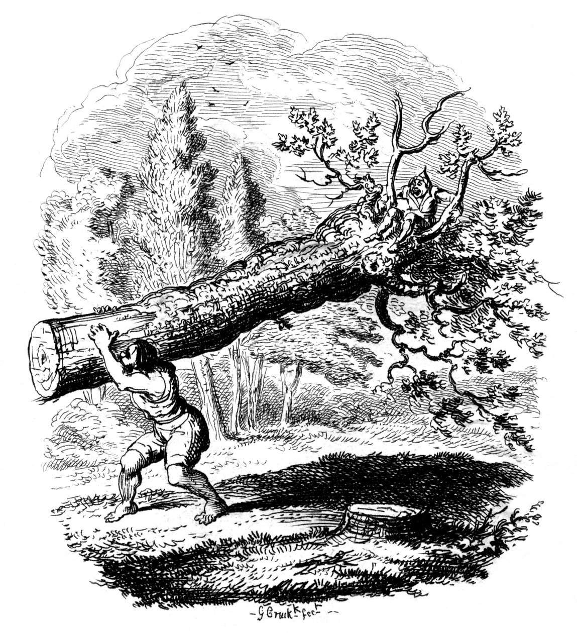 Man som bär en stor trädstam på axeln, 1800-talet. av George Cruikshank