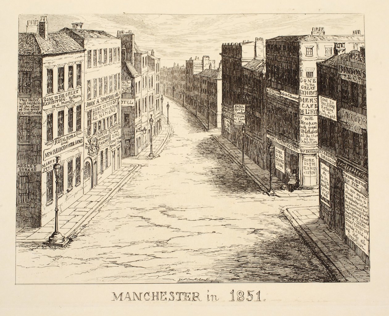 Manchester 1851, från 1851 eller The Adventures of Mr & Mrs Sandboys och familj som kom upp till London för att roa sig och se den stora utställningen, puben. 1851 av George Cruikshank