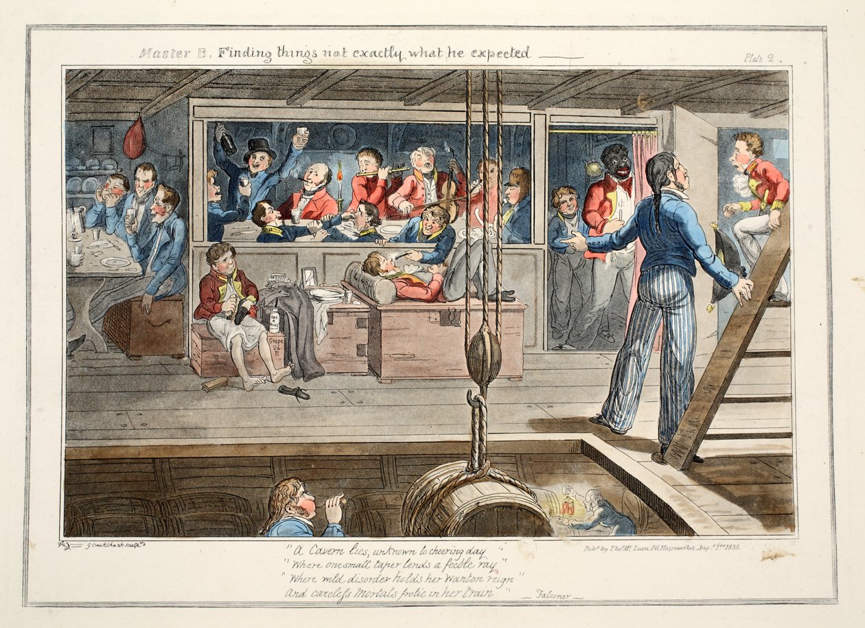 Mästare B, Att hitta saker som inte riktigt var som han förväntade sig, pub. 1835 (handfärgad gravyr) av George Cruikshank