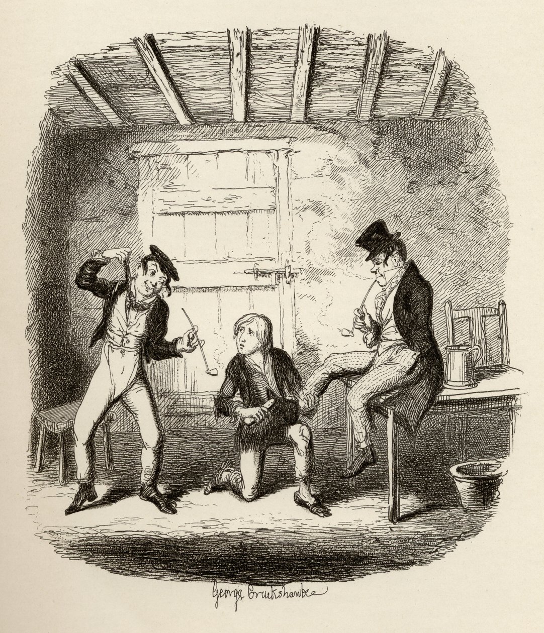 Master Bates förklarar en professionell teknisk detalj, från "The Adventures of Oliver Twist" av Charles Dickens (1812-70) 1838, publicerad av Chapman und Hall, 1901 av George Cruikshank