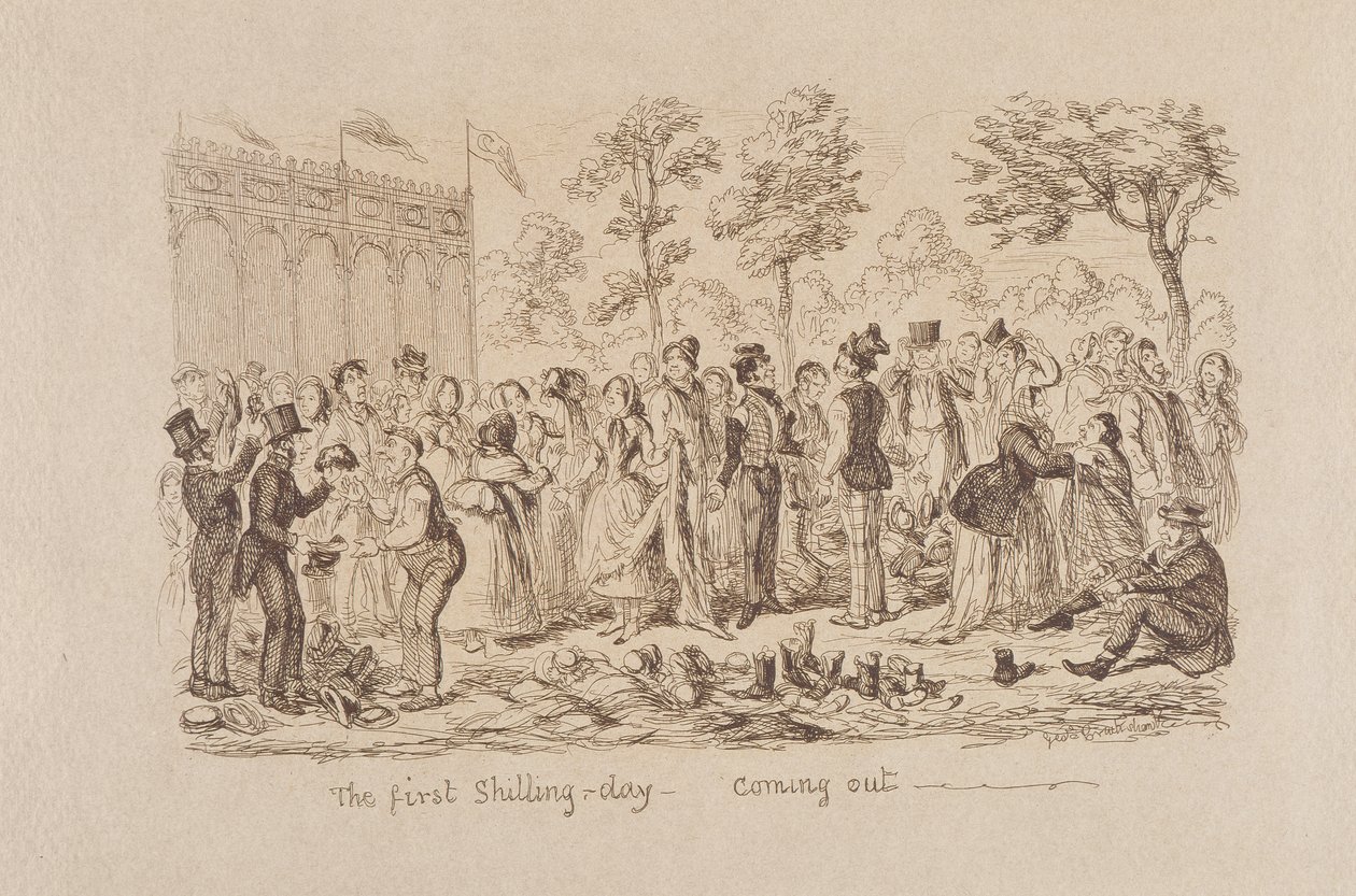 Mayhews stora utställning 1851: The First Shilling Day - Kommer ut, 1851 av George Cruikshank