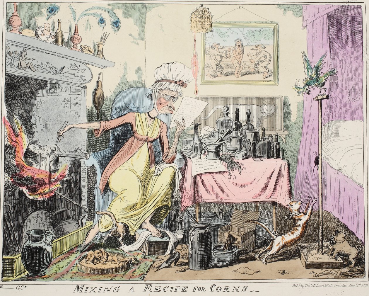 Mixing A Recipe for Corns, pub. 1835 (handfärgad gravyr) av George Cruikshank