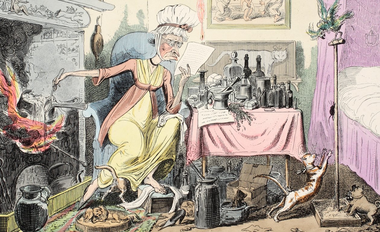 Mixing A Recipe for Corns, pub. 1835 (handfärgad gravyr) av George Cruikshank