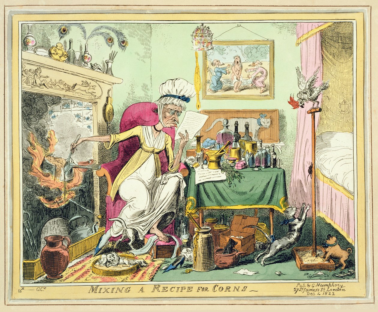 Mixing a Recipe for Corns, publicerad av G. Humphrey, London, 4 december 1822 (färgad etsning) av George Cruikshank
